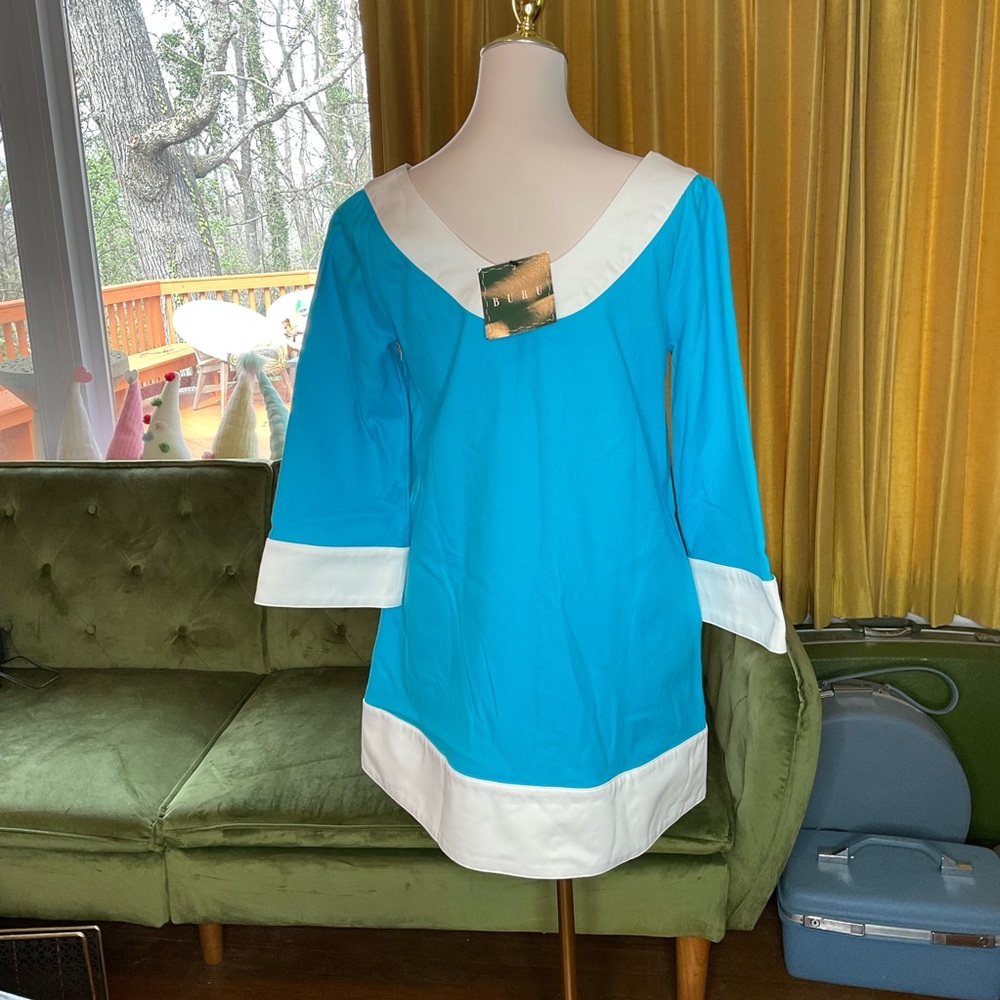 Buru Turquoise and White Mini Dress with Contrast Trim NWT - Picture 4 of 6